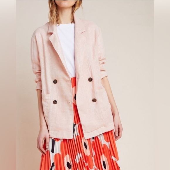 NWT Amadi Anthropologie Oversized Kaye Pink Metallic Linen Blazer - Picture 1 of 9
